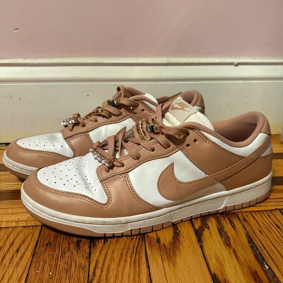 White/Rose Nike Dunk Lows with Shoelace Accessory - Picture 2 of 5